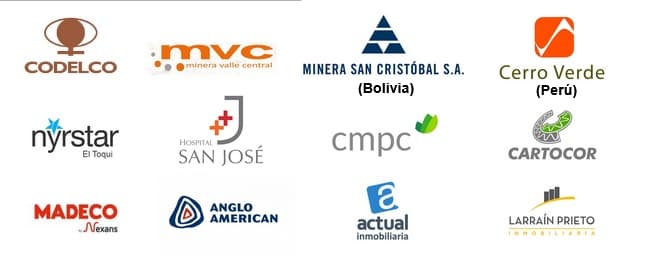 Logos de clientes industriales como Codelco, Minera San Cristóbal, Cerro Verde, CMPC, Anglo American, Madeco Nexans y otros que han confiado en IVS Energy.